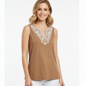 J Jill Embroidered Tunic Size Small Brown White Sleeveless Boho Classic Capsule